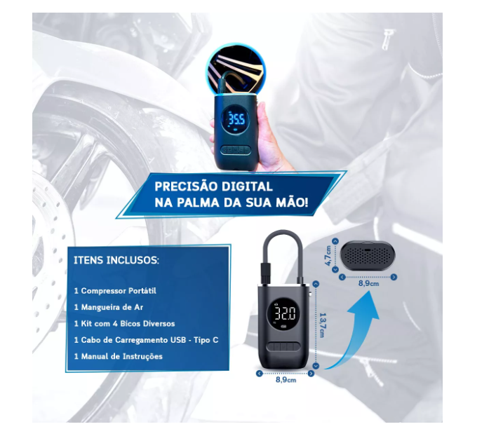 Calibrador Compressor Pneu Digital Carro Bike Moto Sem Fio - ecommercedagente